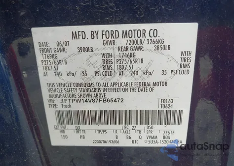 2007 Ford F-150 Fx4/Lariat/Xlt из США, поврежденный, VIN 1FTPW14V87FB65472